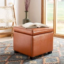 Jonathan Flip Top Ottoman In Black/Saddle - Safavieh HUD4007C