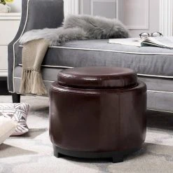 Round Storage Tray Ottoman In Black/Cordovan - Safavieh HUD4045C