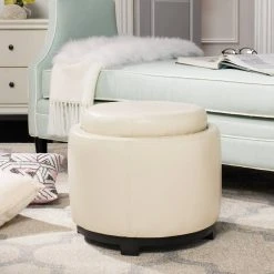 Round Storage Tray Ottoman In Black/Off White - Safavieh HUD4045D