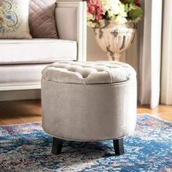 Amelia Tufted Storage Ottoman In Mushroom Taupe/Espresso - Safavieh HUD8220J