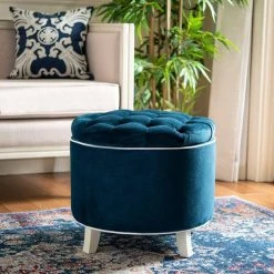 Amelia Tufted Storage Ottoman In Navy/Eggshell - Safavieh HUD8220N