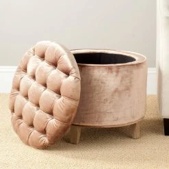 Amelia Tufted Storage Ottoman In Mink Brown/Pickled Oak - Safavieh HUD8220V