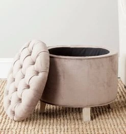 Amelia Tufted Storage Ottoman In Mushroom Taupe/Pickled Oak - Safavieh HUD8220Y