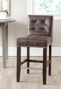 Thompson 23.9" Leather Counter Stool W/ Silver Nailheads In Antique Brown /Espresso - Safavieh MCR4511F