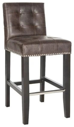 Thompson 23.9" Leather Counter Stool W/ Silver Nailheads In Antique Brown /Espresso - Safavieh MCR4511F -Safavieh Homeware 187 mcr4511f side