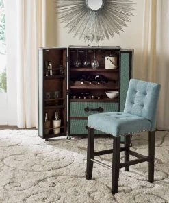 Thompson 23.9" Linen Counter Stool W/ Silver Nailheads In Sky Blue/Espresso - Safavieh MCR4511G