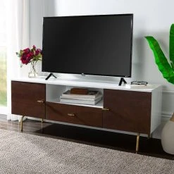 Genevieve TV Stand In Walnut/White/Gold - Safavieh MED5000A