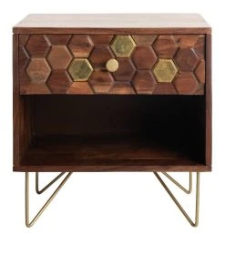 Raveena Nightstand In Mix Walnut/Brass - Safavieh NST9002A -Safavieh Homeware 187 nst9002a front