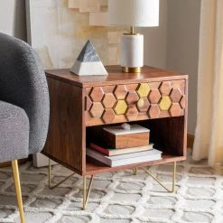 Raveena Nightstand In Mix Walnut/Brass - Safavieh NST9002A