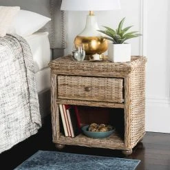 Lagos Natural Grey Wicker Nightstand W/ Drawer & 8"H Storage In Natural Kubu Grey - Safavieh SEA8000A