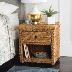Magi Natural Brown Wicker Nightstand W/ Drawer & 8"H Storage In Natural Abaca Brown - Safavieh SEA8001A