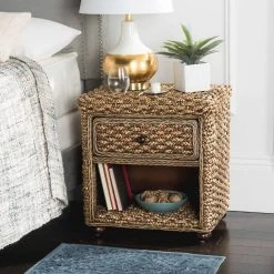 Musa Braided Brown Wash Wicker Nightstand W/ Drawer & 8"H Storage In Brown Wash - Safavieh SEA8003A